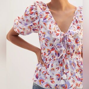 Anthropologie Maeve Ruffled Tie-Front Blouse size Small